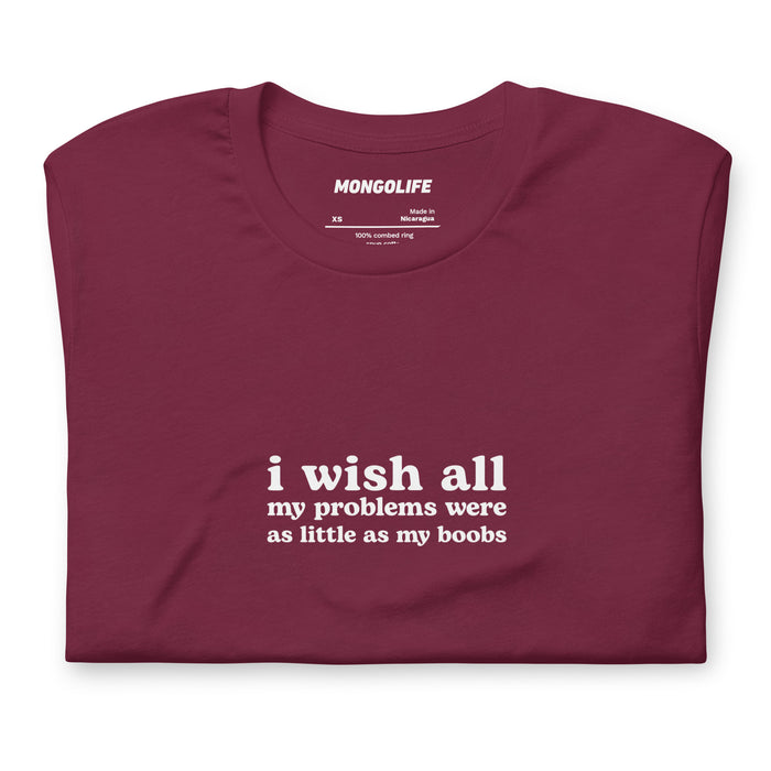 funny boobs quote t shirt maroon white retro serif text self deprecating humor shirt
