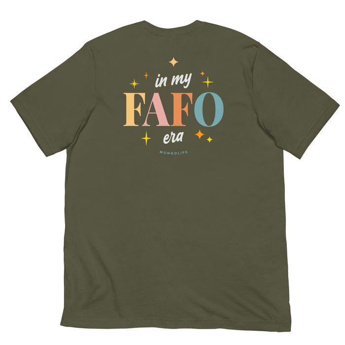 Military green T-shirt with a full-size back print featuring "In My FAFO Era" in bright retro colors and a starry design.