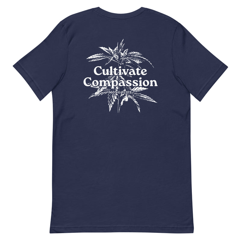 navy t-shirt with "Cultivate Compassion" design, weed (back)