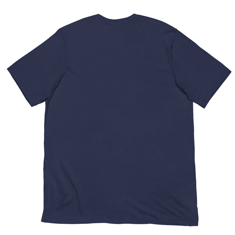 navy t-shirt with "God Loves You*" design, atheist, religion (back)