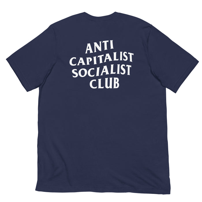 Navy Anti-Capitalist Socialist Club T-shirt with a large back print in clean white text.