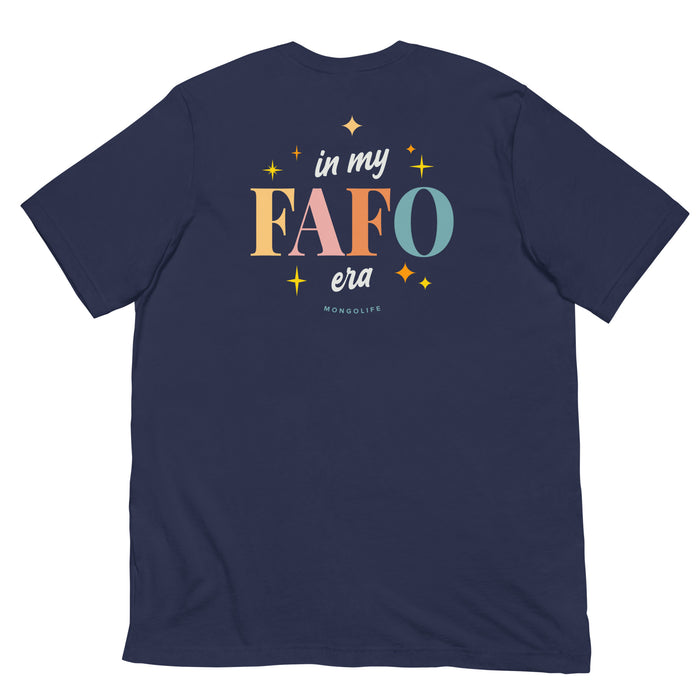 Navy T-shirt showcasing a large, colorful design on the back that reads "In My FAFO Era," surrounded by playful sparkling stars.