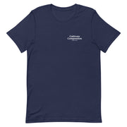 navy t-shirt with "Cultivate Compassion" design, weed (front)