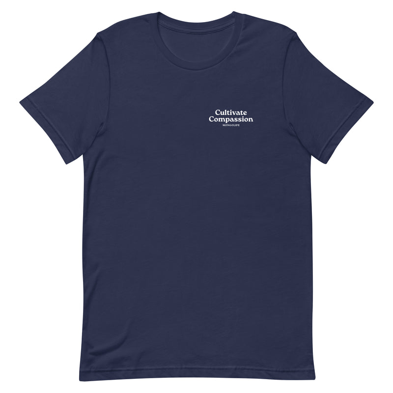 navy t-shirt with "Cultivate Compassion" design, weed (front)