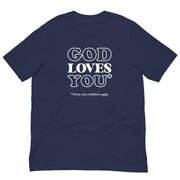 navy t-shirt with "God Loves You*" design, atheist, religion (front)