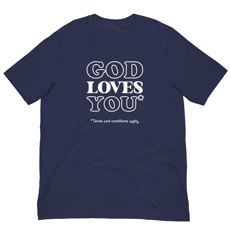 navy t-shirt with "God Loves You*" design, atheist, religion (front)