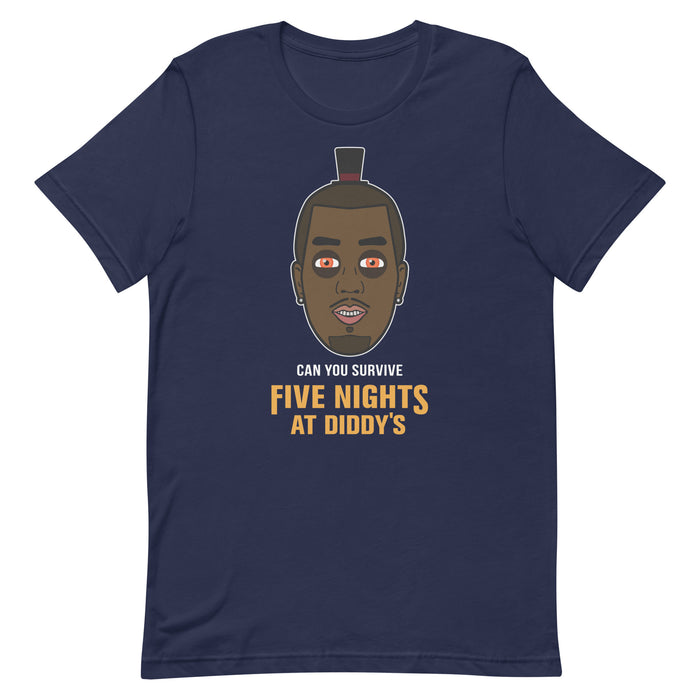 Navy Five Nights at Diddy’s Halloween t-shirt featuring a caricature of P Diddy and text referencing "Five Nights at Freddy's."