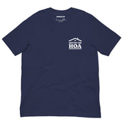 Navy T-shirt featuring a minimalist "Defund the HOA" chest design with a small house roof graphic.