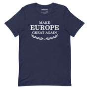 navy make europe great again t shirt with white laurel wreath print MEGA political tee