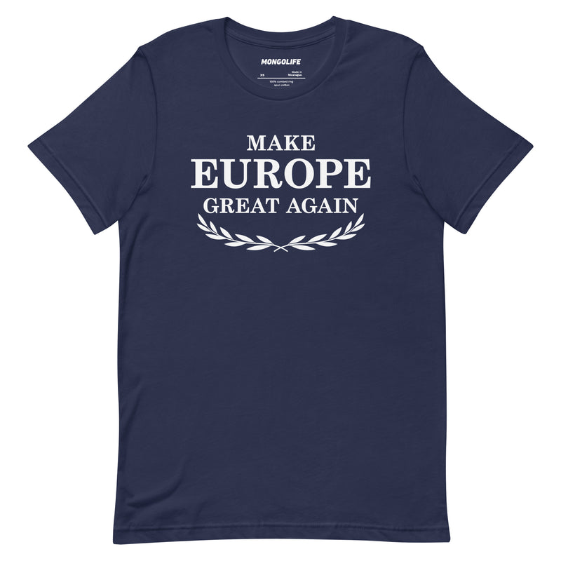 navy make europe great again t shirt with white laurel wreath print MEGA political tee
