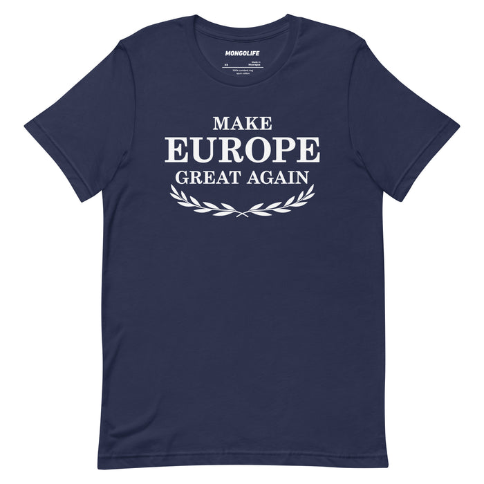 navy make europe great again t shirt with white laurel wreath print MEGA political tee