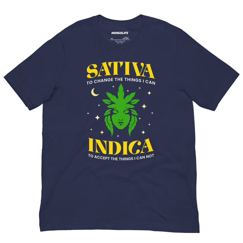 navy sativa indica t shirt green cannabis leaf goddess moon stars funny stoner serenity prayer tee