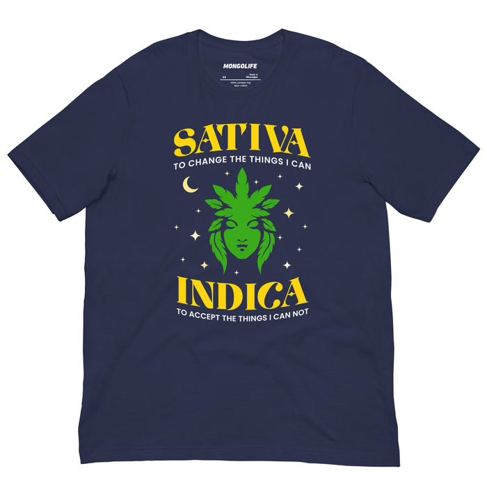 navy sativa indica t shirt green cannabis leaf goddess moon stars funny stoner serenity prayer tee