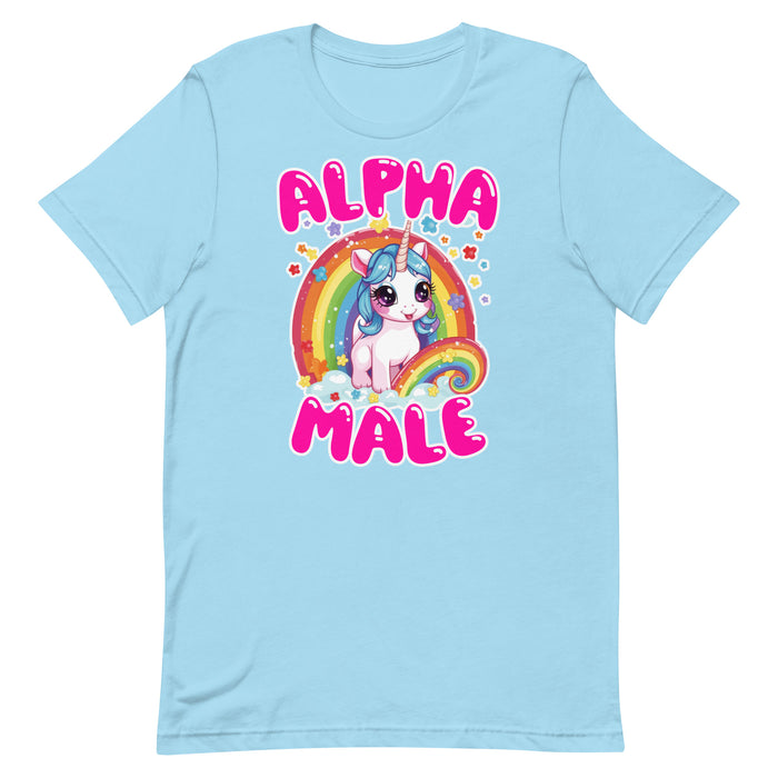 ocean blue Men's t-shirt with 'Alpha Male' text, unicorn, and rainbow design.