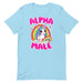 ocean blue Men's t-shirt with 'Alpha Male' text, unicorn, and rainbow design.