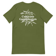 olive t-shirt with "Cultivate Compassion" design, weed (back)