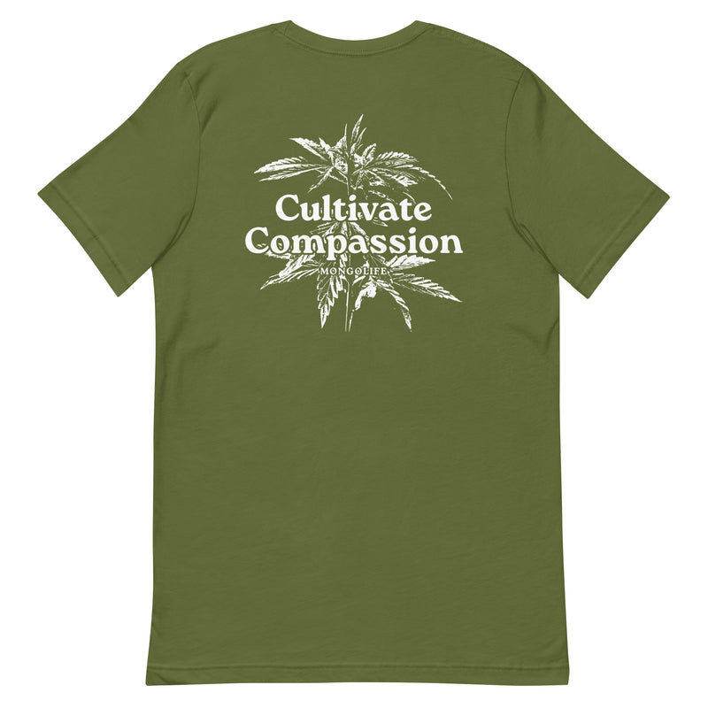 olive t-shirt with "Cultivate Compassion" design, weed (back)