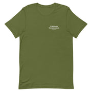 olive t-shirt with "Cultivate Compassion" design, weed (front)