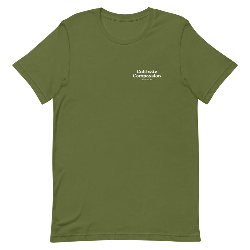 olive t-shirt with "Cultivate Compassion" design, weed (front)