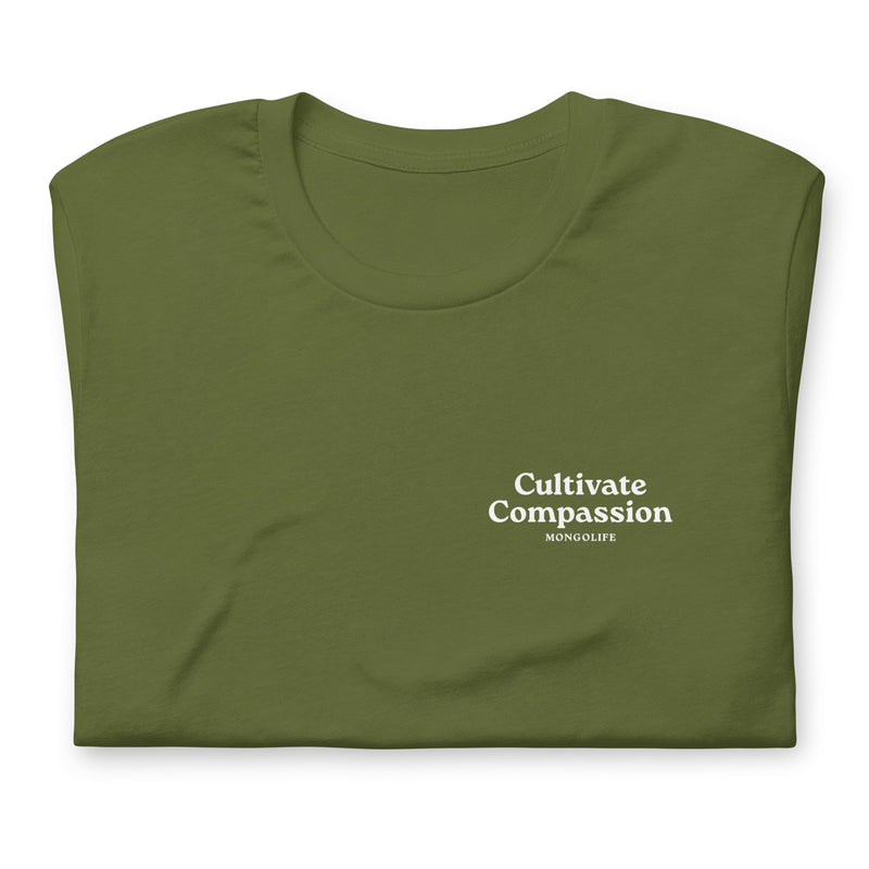 olive t-shirt with "Cultivate Compassion" design, weed (front)