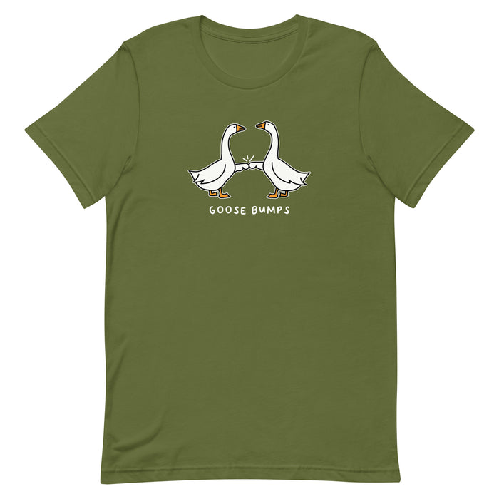 Olive green "Goose Bumps" t-shirt with two geese fistbumping in a Halloween-themed design.