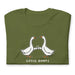 Folded olive green "Goose Bumps" t-shirt with two geese fistbumping in a Halloween-themed design.