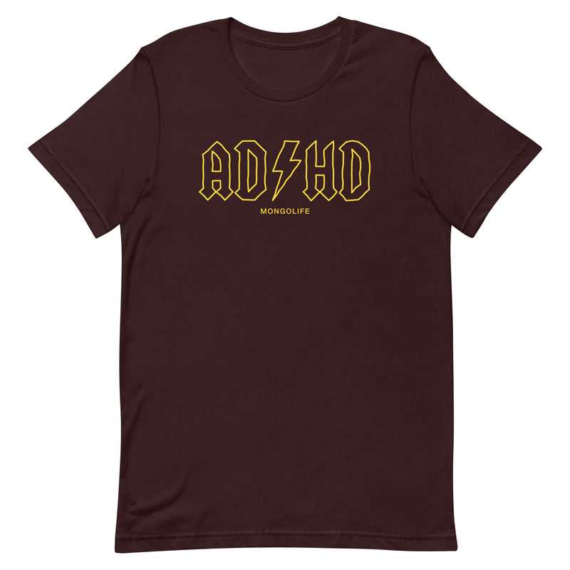 Oxblood Black ADHD T-Shirt with text in a yellow, rock-inspired font