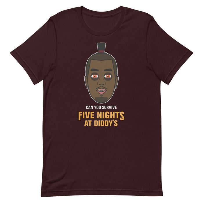 Oxblood black Five Nights at Diddy’s Halloween t-shirt featuring a caricature of P Diddy and text referencing "Five Nights at Freddy's."