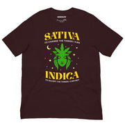 oxblood red sativa indica t shirt green cannabis goddess crescent moon funny stoner weed tee