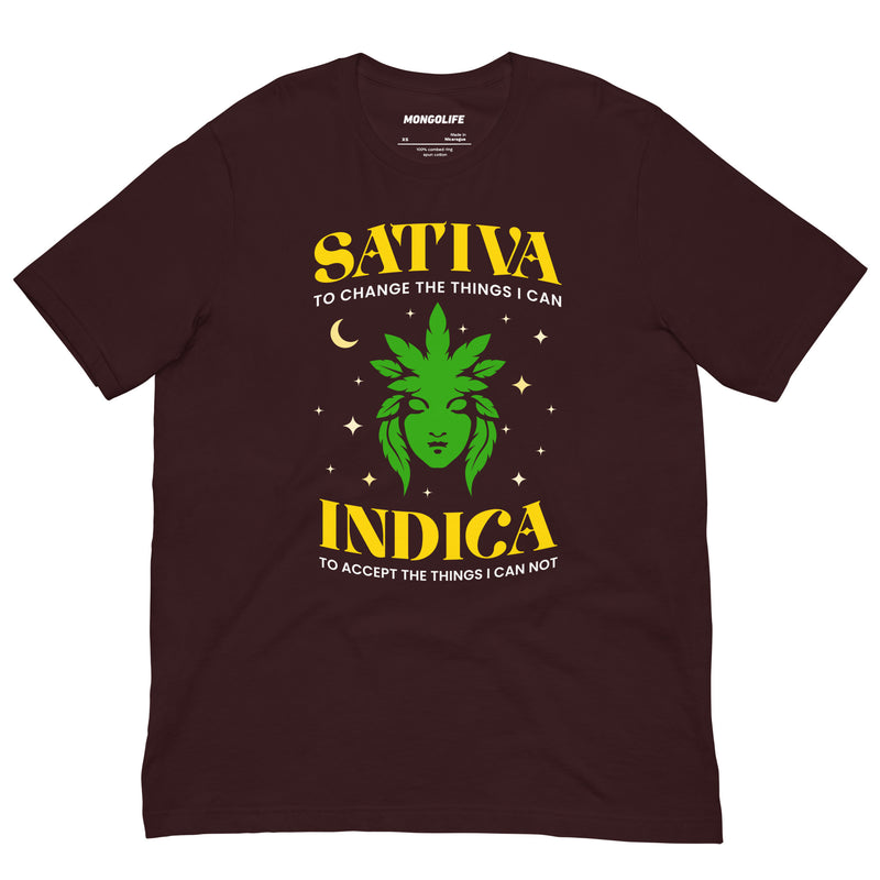 oxblood red sativa indica t shirt green cannabis goddess crescent moon funny stoner weed tee