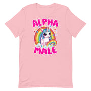 pink Men's t-shirt with 'Alpha Male' text, unicorn, and rainbow design.