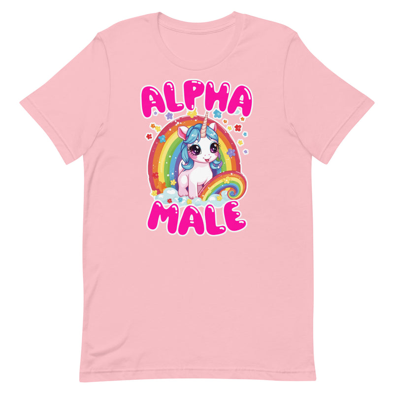 pink Men's t-shirt with 'Alpha Male' text, unicorn, and rainbow design.