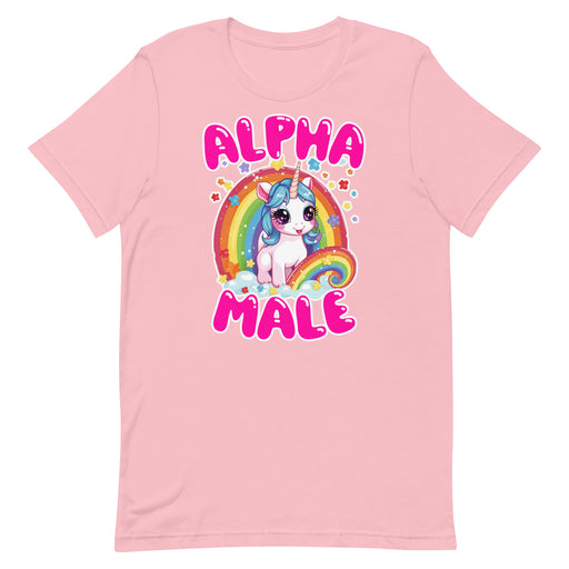pink Men's t-shirt with 'Alpha Male' text, unicorn, and rainbow design.
