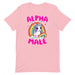 pink Men's t-shirt with 'Alpha Male' text, unicorn, and rainbow design.