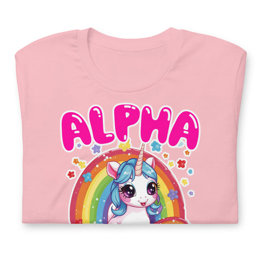 pink folded Men's t-shirt with 'Alpha Male' text, unicorn, and rainbow design.