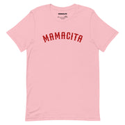 pink mamacita t shirt with bold red varsity lettering cute spanish statement tee