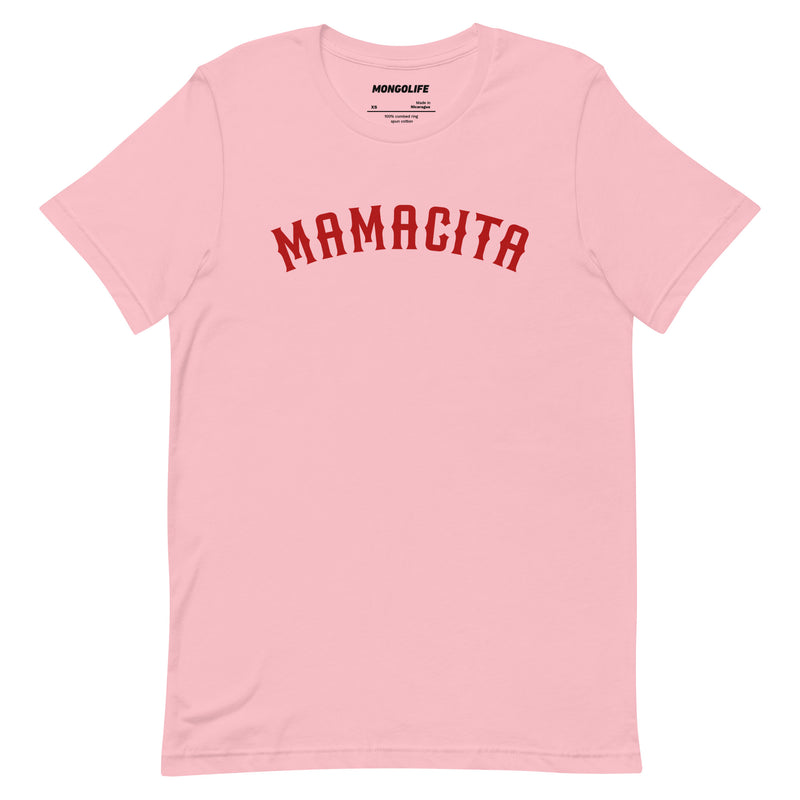 pink mamacita t shirt with bold red varsity lettering cute spanish statement tee