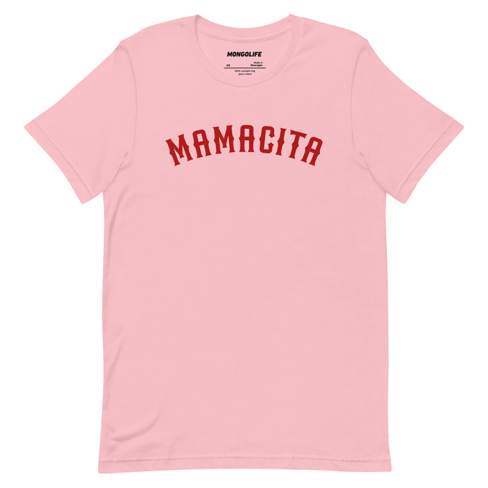pink mamacita t shirt with bold red varsity lettering cute spanish statement tee