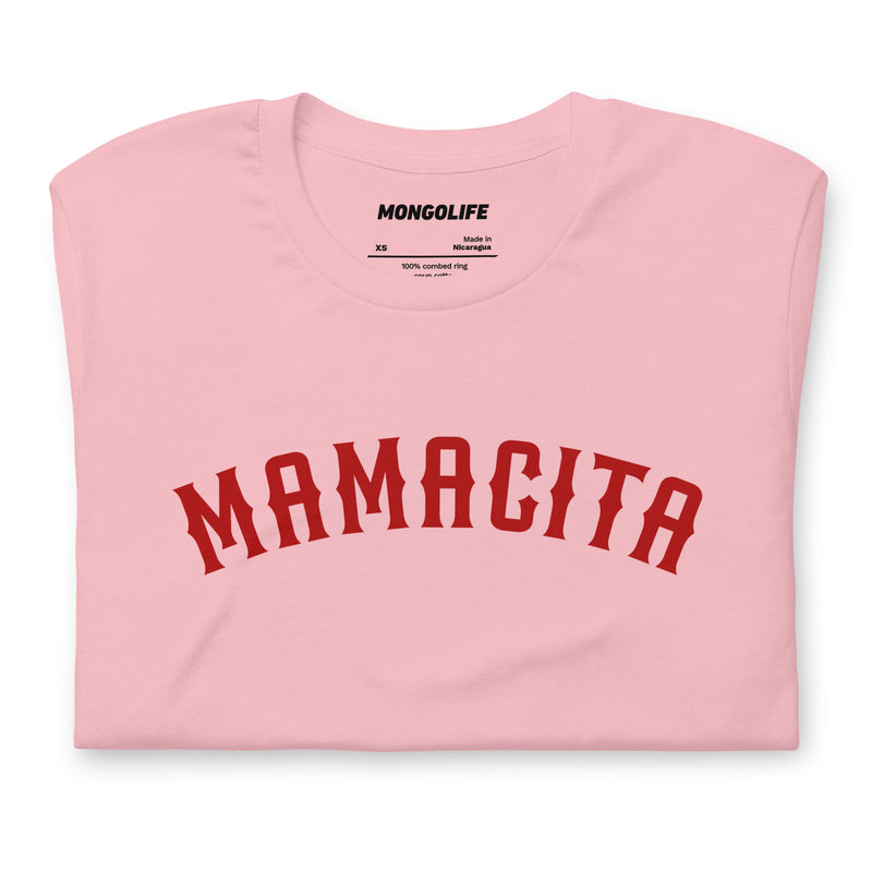 mamacita pink t shirt red arched varsity type cute spanish word statement shirt