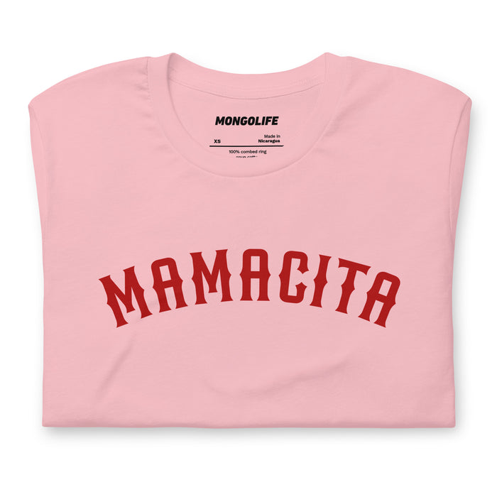 mamacita pink t shirt red arched varsity type cute spanish word statement shirt