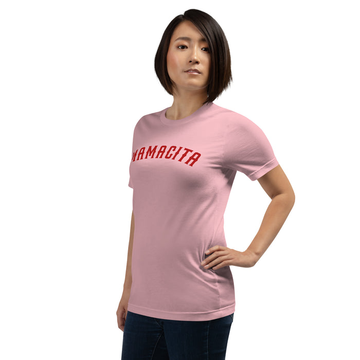 left side of pink mamacita t shirt red lettering cute spanish statement tee