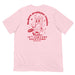 Soft pink T-shirt showcasing a full-back design with a guillotine cartoon and satirical text about the current political climate.