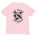 “Eat Trash Do Crime” raccoon illustration on a T-shirt in Soft Pink color