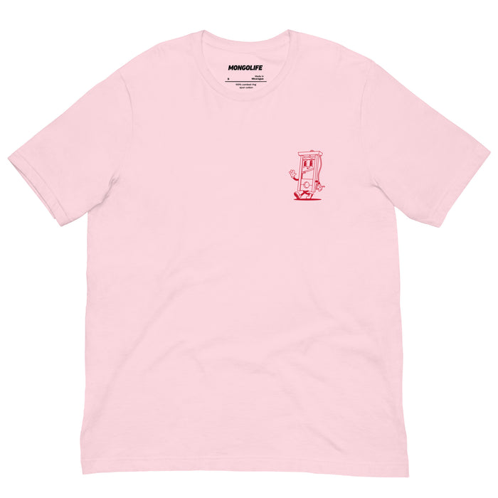 Soft pink T-shirt featuring a satirical guillotine cartoon on the left chest.