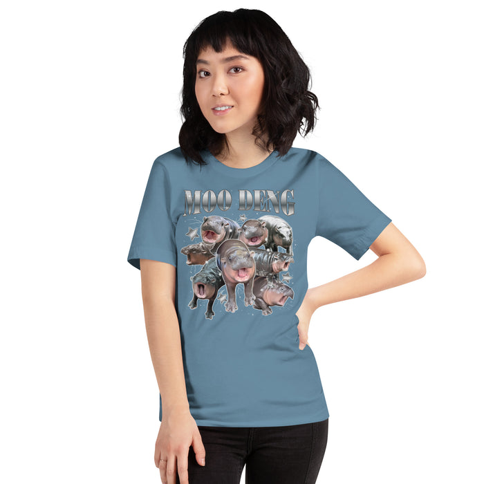 steel blue Moo Deng Retro Bootleg T-Shirt featuring the viral pygmy hippo in a humorous, retro-themed design.