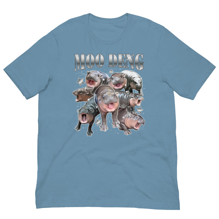 steel blue Moo Deng Retro Bootleg T-Shirt featuring the viral pygmy hippo in a humorous, retro-themed design.