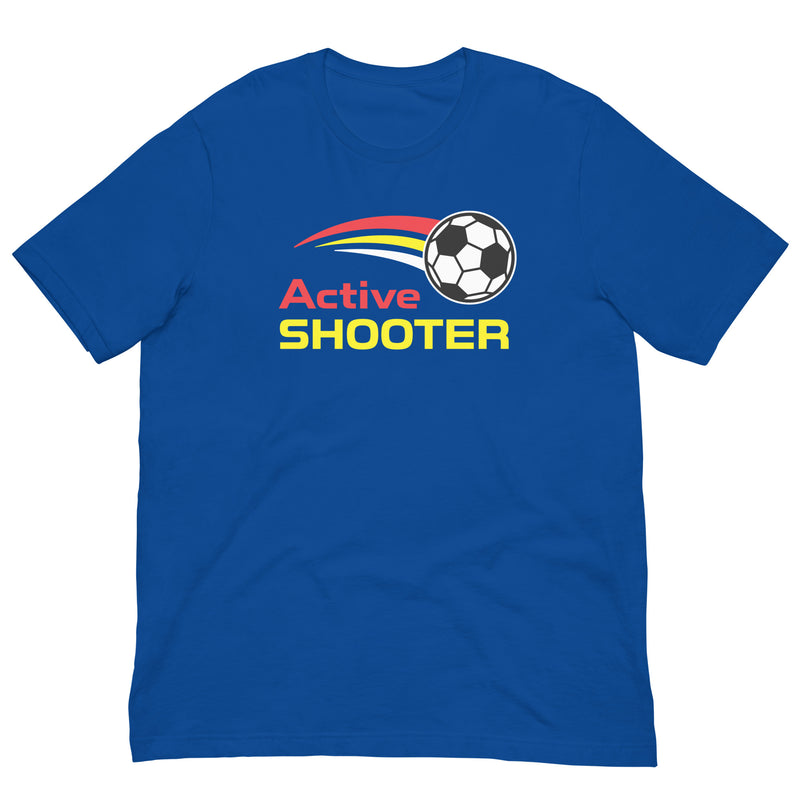 Royal blue t-shirt with "Active Shooter" text and a soccer ball graphic.