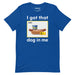 Royal blue T-shirt featuring a parody design with the text "I got that dog in me" and a Swedish-style hot dog combo meal graphic.