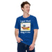 Male model wearing the royal blue T-shirt with the hot dog combo meal graphic and "I got that dog in me" text on the front.