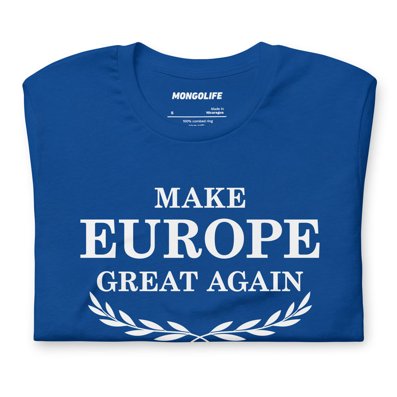 front of royal blue MEGA make europe great again t shirt laurel wreath pro eu shirt